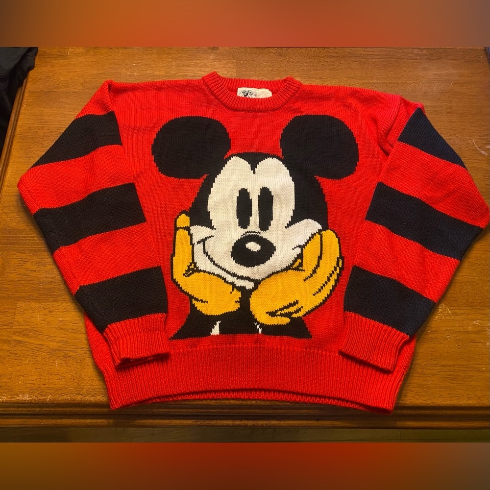 VTG Y2K Mickey Mouse Red & Black Striped Knit Sweater